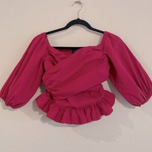 Express Women’s Peplum Top Small Hot Pink Cross Front Smock Back Balloon Sleeve
